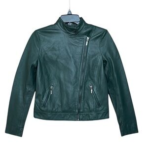 Vintage Bernardo Green Leather Asymmetrical Moto Jacket Bikercore Streetwear PXS